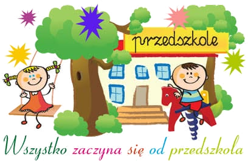 Kolorowa ilustracja przedszkola z dziećmi i hasłem: Wszystko zaczyna się od przedszkola